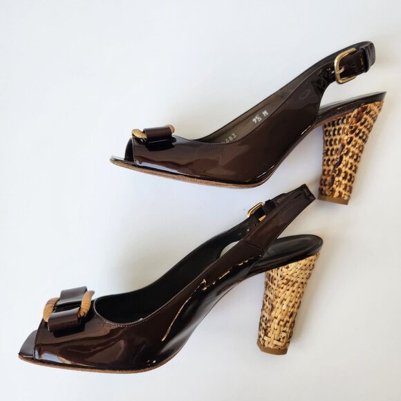 Stuart Weitzman Brown Patent Leather Slingback Heels Woven Block Heel Bows 9.5 M - Picture 3 of 15